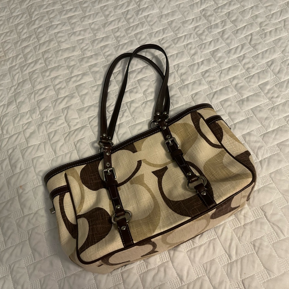 Coach Tan and Brown Signature Shoulder Bag- Vintage Linen Style